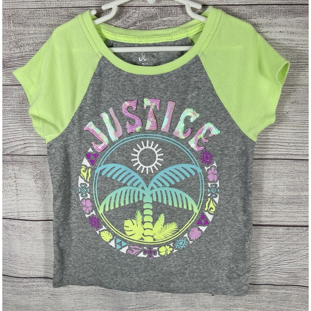 Justice Girls Sequin Short Sleeve Lime Green T-Shirt Color Block Logo M 10